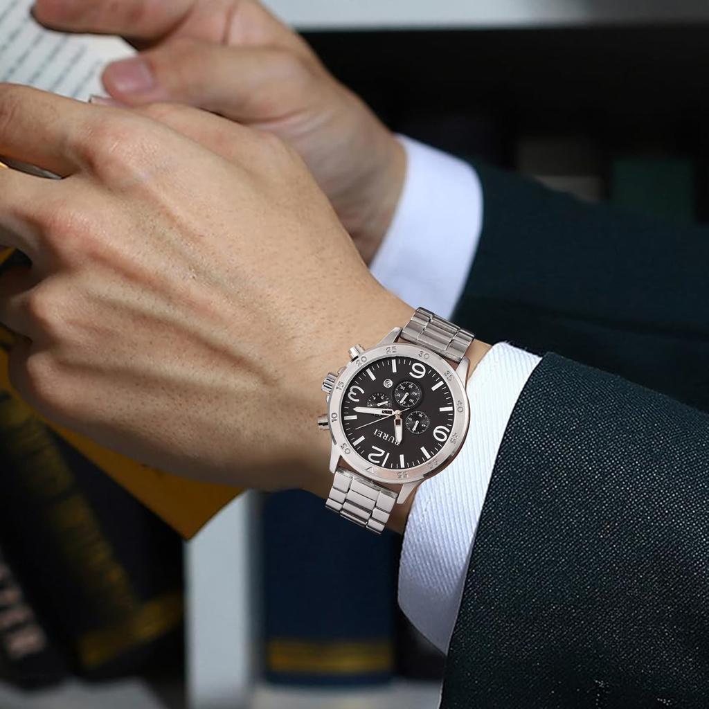 BUREI Analog Watch with Date Waterproof Quartz Black Simple Design for Business and Casual Chronograph with Large Luxury Gift for Men Men's Display,