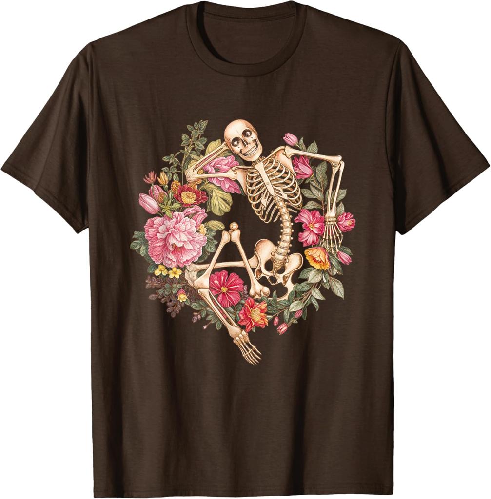 Blommigt Skelett Goth Halloween T-shirt Cool Dödskalle Grafiskt Tryck Bomull Avslappnad T-shirt