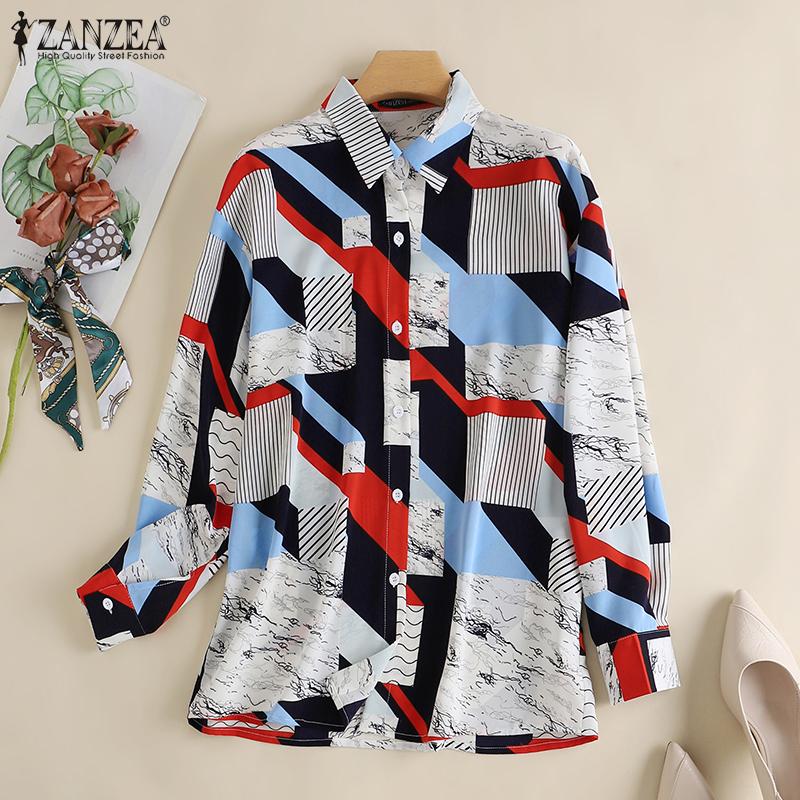 

ZANZEA Принт Повседневный откидной воротник с длинным рукавом Женская блузка