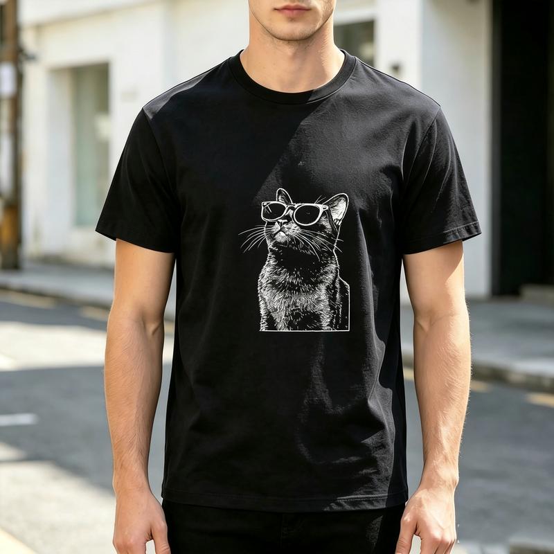 Vintage Black Cat Sunglasses Graphic T Shirt For Men Women 100 Cotton Crewneck Cool Animal Tee For Summer Casual Streetwear