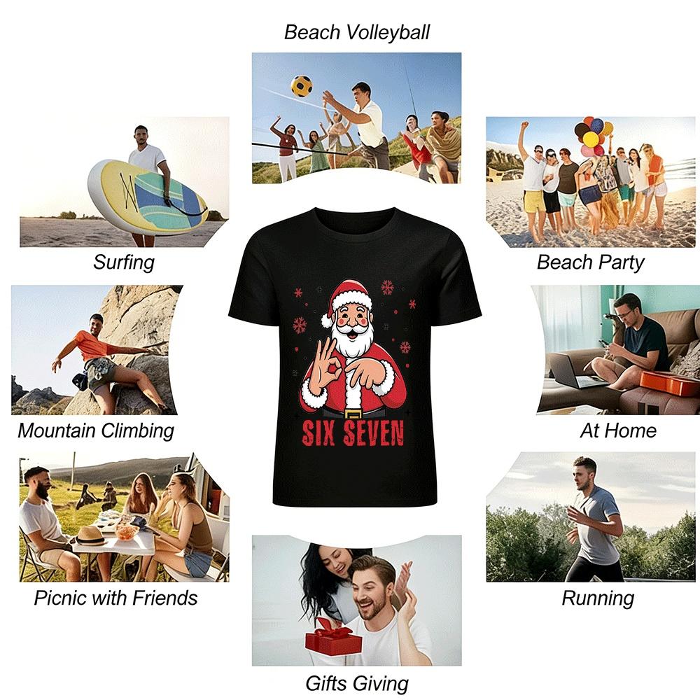 Funny Santa Gesture Six Seven Print Casual Christmas Themed T-Shirt Pure Cotton T-shirt