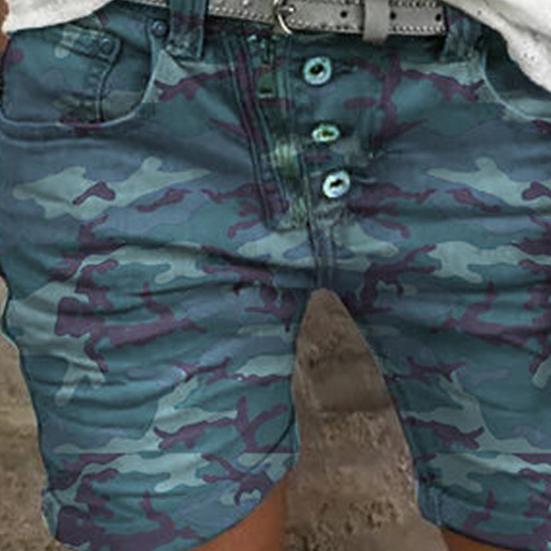 High Waist Camouflage Print Women Shorts All-matched Stretchy Buttons Denim Shorts Streetwear
