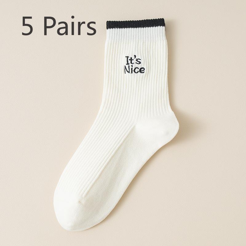 

5 пар женских носков Collision Screw Mouth с вышивкой и шнурком Micro, осенние и зимние спортивные носки без косточек, длинные, с резинкой, оптом 5 Pairs бежевый