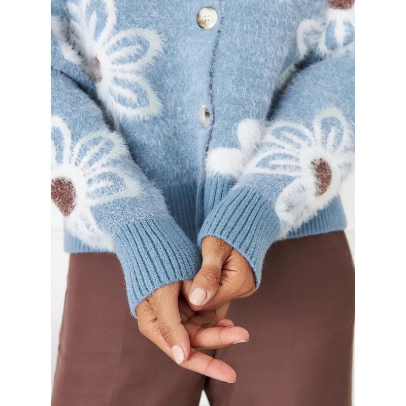 Damen Cropped Floral Jacquard V-Ausschnitt Dickstrick Cardigan Pullover Oberbekleidung