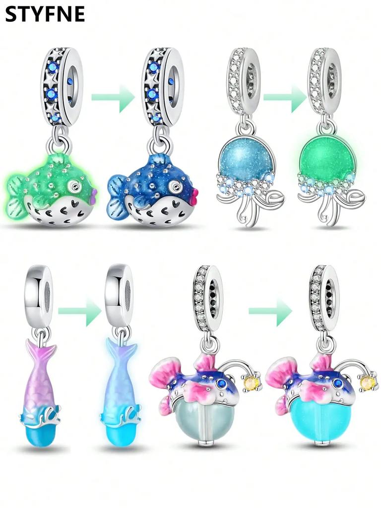 Copper Colors Marine Bioluminescent Jellyfish Beads Charm Pendant For Original Bracelet For Women Diy Jewelry Love Gift