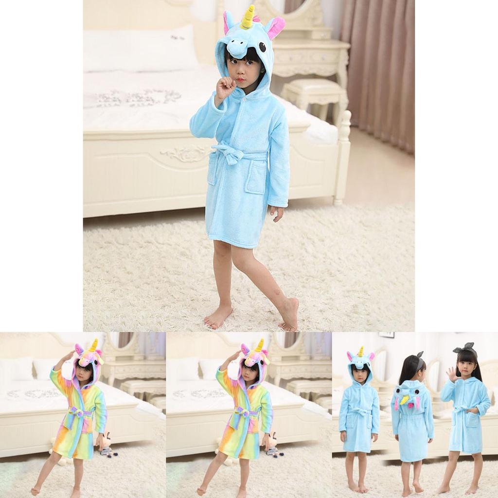 Unicorn Kids Unisex Bathrobe Girls Boys Hooded Pajamas Sleepwear Nightwear