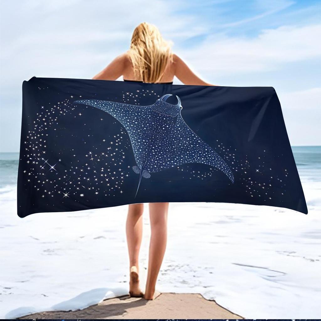 Manta Ray Starry Design Beach Towel, Galaxy Ocean Art Quick-Dry Sand-Free Microfiber Bath Towels for Yoga, Swim and Camping