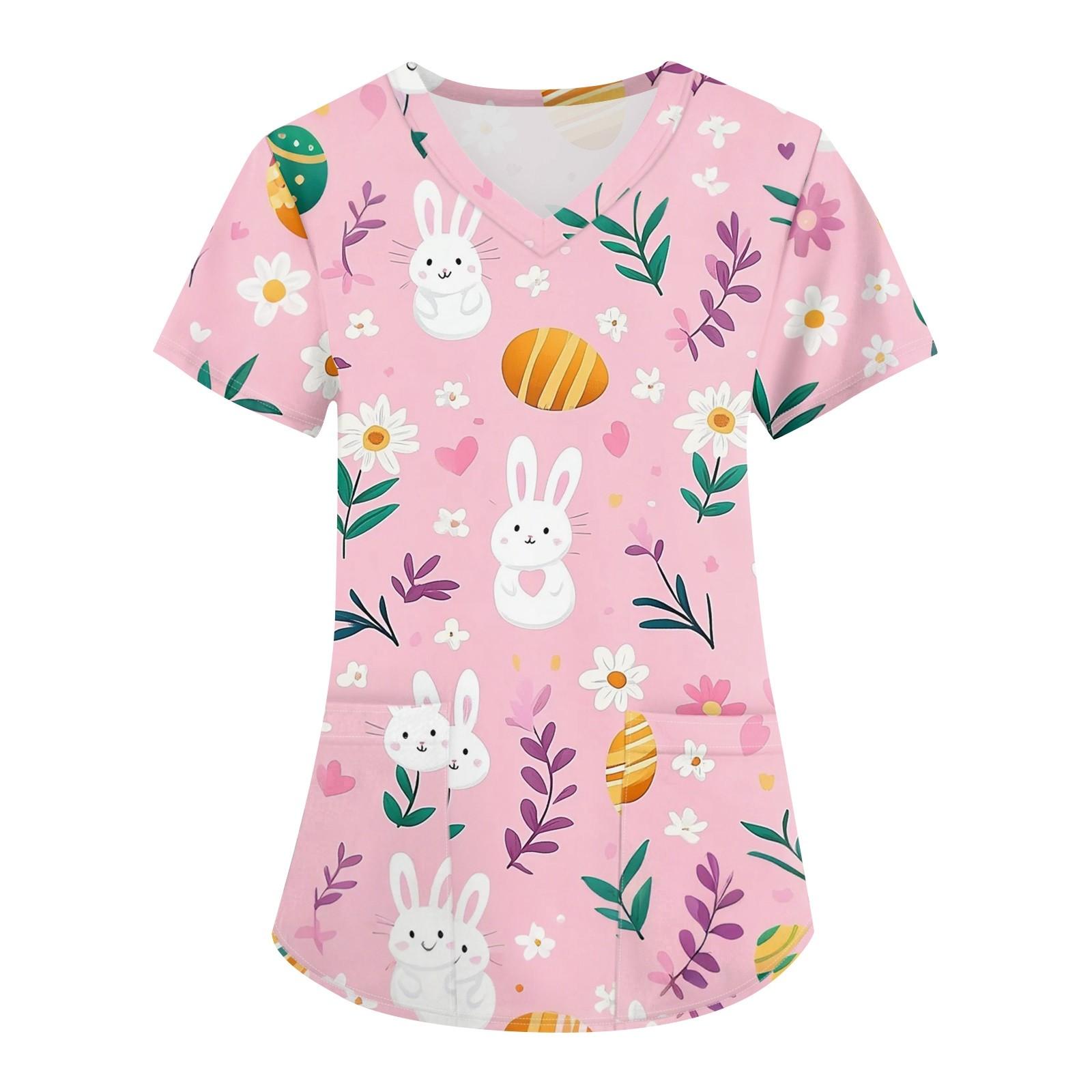 

Женская мода с v-образным вырезом, короткими рукавами и карманами, топы с принтом M розовый