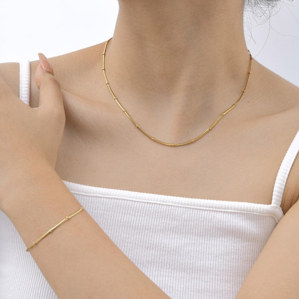 Fashion Personality, Stainless Steel Flat Snake Chain With Beads Gold Bracelet Necklace Ladies 2304