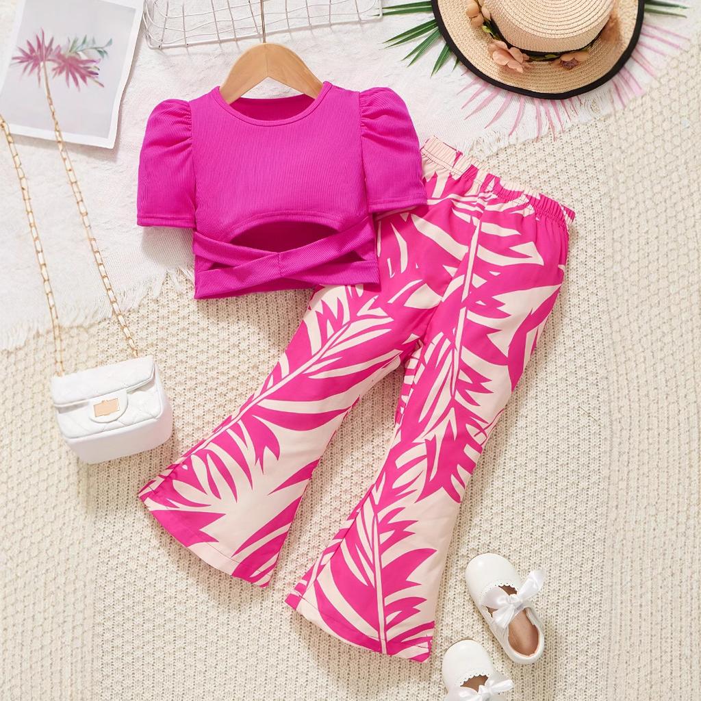 Girls Fashion Set Summer Children's Puffed Sleeve Top Printed Bell Bottoms Two-piece Set