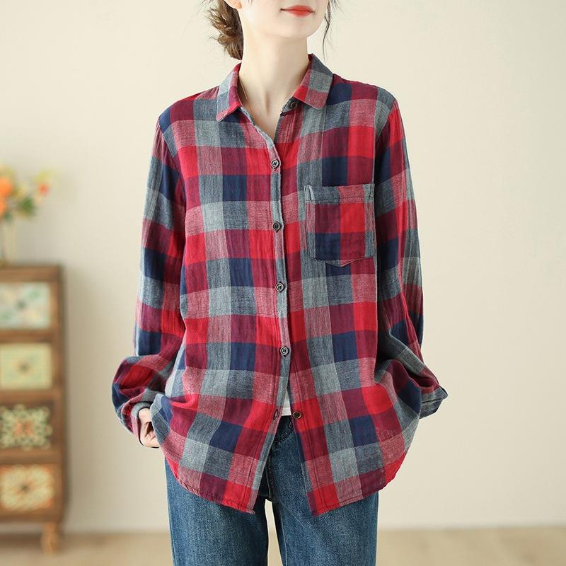 Long Sleeve Lapel Button Down Chest Pocket Shirt Women Art Retro Loose Double-layer Cotton Yarn Plaid Shirts Top for Women