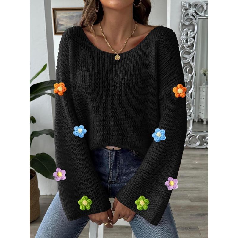 Women's Autumn/winter Hand-hooked Floral Patchwork Sweater with Simple Loose One-line Neck Off-the-shoulder Flared Sleeves