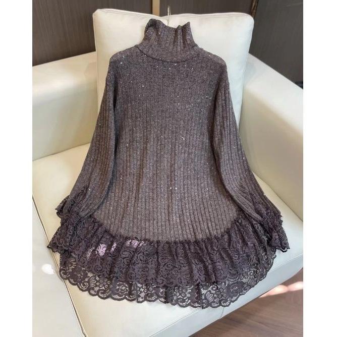 

Модный осенне-зимний стиль, кружевные вставки, нижняя рубашка, тонкий однотонный свободный крой, повседневный свободный топ с длинными рукавами XXXL кофейный