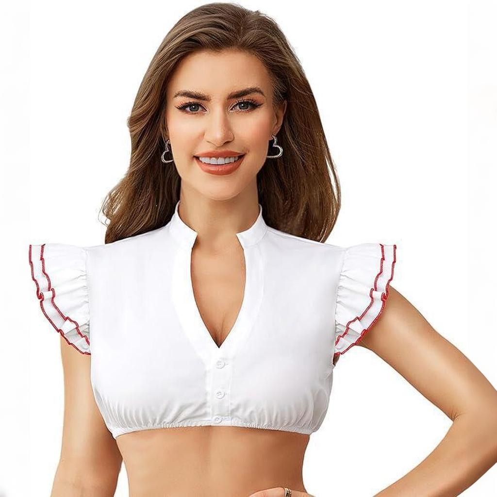 Women Short Sleeve Cropped Blouse with Ruffle Sleeves V Neck Button Front Bavarian Style Shirt for Festivals and Events