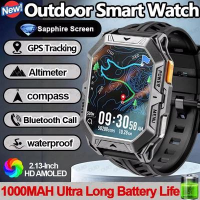 2025 Nuevo Reloj Inteligente para Exterior con Batería de 1000 mAh Pantalla HD de 2,13 Pulgadas Frecuencia Cardíaca Presión Arterial Impermeable Brújula Modo Deportivo Reloj Inteligente