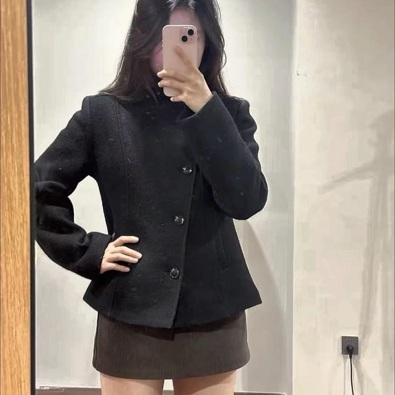 Womens Black Cotton Padded Short Wool Jacket Slim Fit Stand Collardiagonal Buttondiagonal PlacketWomens