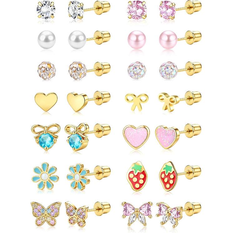 14 Pair Hypoallergenic Stud Earrings for Women Surgical Stainless Steel Screw Back Earrings for Sensitive Ears Cute Pearl Bow Heart Butterfly Studs