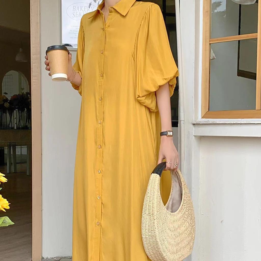Solid Color Single Breasted Lapel Half Bubble Sleeve Long Dress For Women's Loose Clothes Spring Summer Shirt Dress