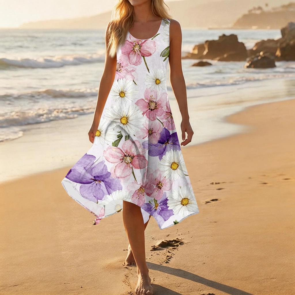 Women's Casual Fashion Sleeveless Floral Print Dress Scoop Neck Irregular Hem Mid-Length Summer Dress