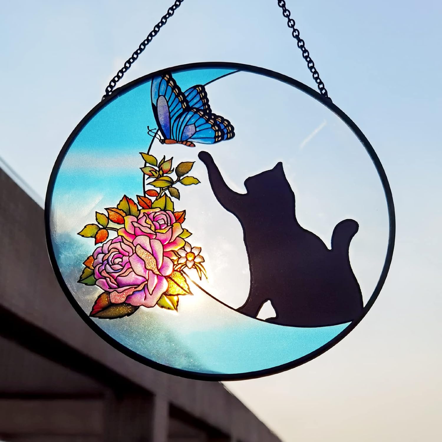 Cat Stained Glass Butterfly on Moon Gifts, Handcrafted Suncatchers Black Cat for Stained Glass Window Hangings, Cat Gifts for Cat Lovers, Painted