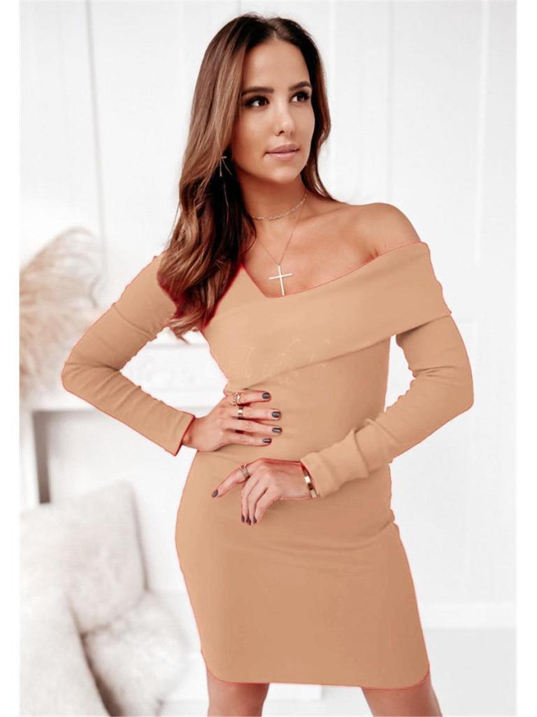 2024 Autumn/Winter European and American Women's Solid Color V-neck Dress