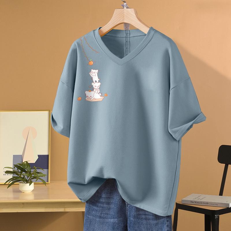 Κοντομάνικη μπλούζα, Φαρδιά γραμμή, Κολακευτικό τοπ με V λαιμόκοψη και τύπωμα για γυναίκες