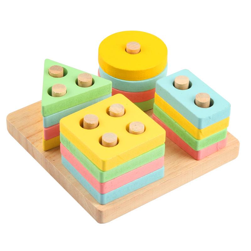 Wooden Geometric Column Set Children'S Montessori Early Education Cognitive Building Block Pairing Smart Five-Pillar Toy