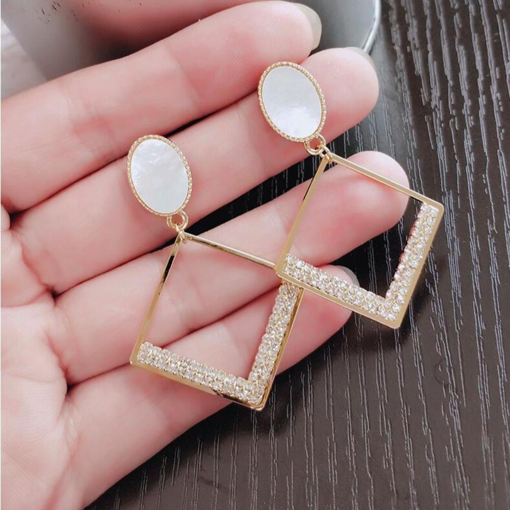 Korean Fashion Hollow Gold Color Square Rhinestone Border Dangle Earrings for Women Party Daily Wear Geometric Statement Jewelry