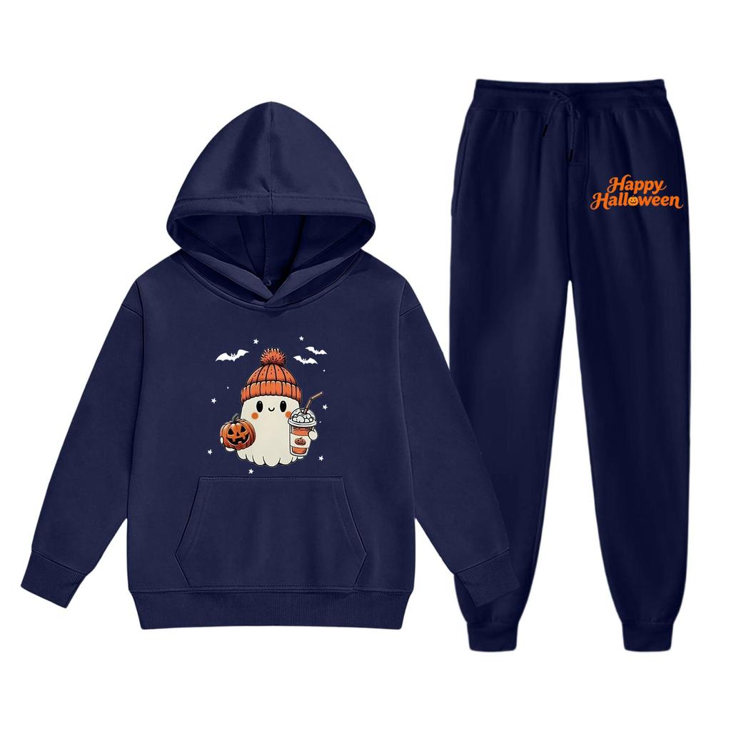 Kids Halloween Hoodie Set with Graphic Print Pullover Sweatshirt and Matching Pants Comfortable Casual Outfit for Boys and Girls