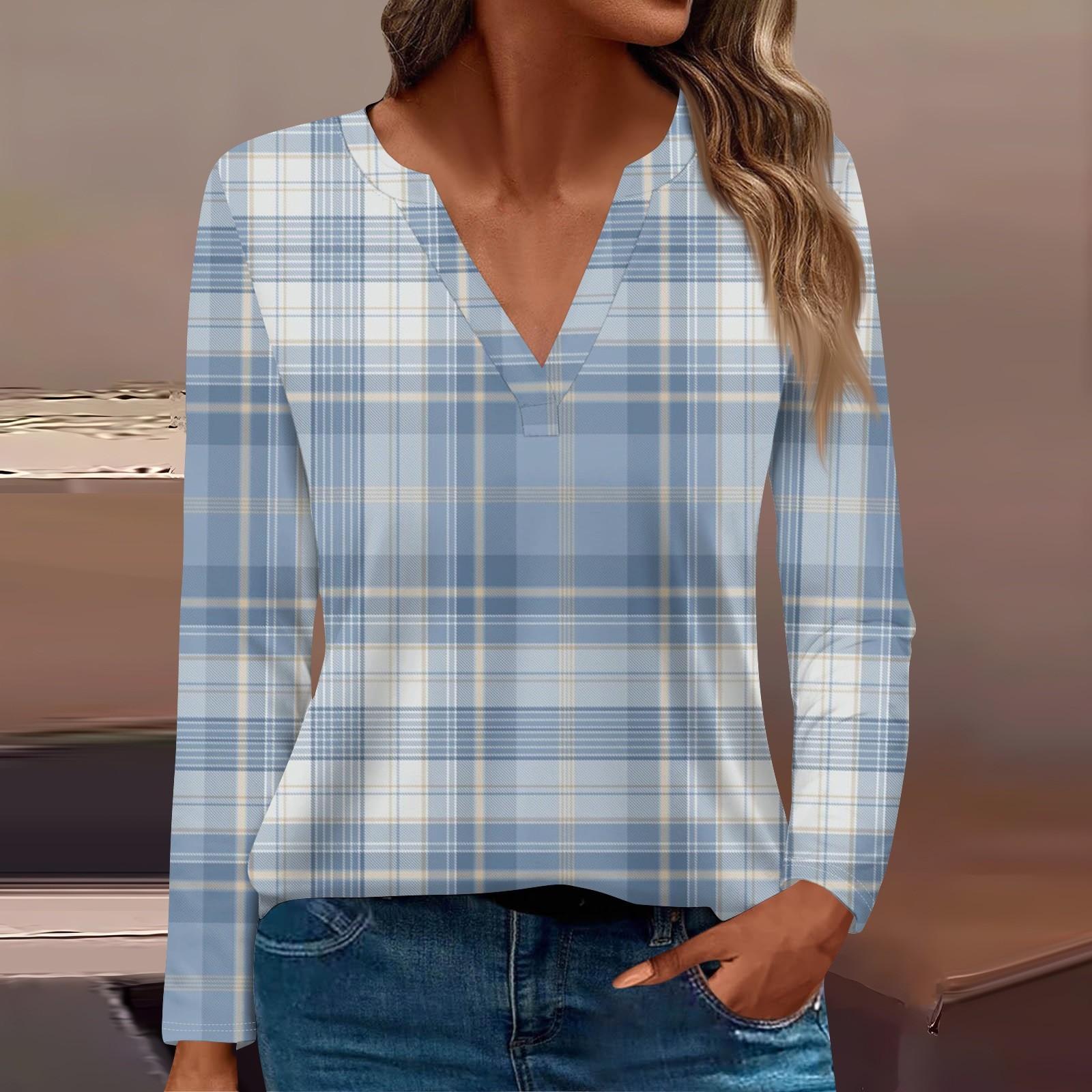 

Женская футболка Футболка с принтом и длинным рукавом Повседневные выходные Мода Базовый топ с V-образным вырезом Обычный топ XL небесно-голубой