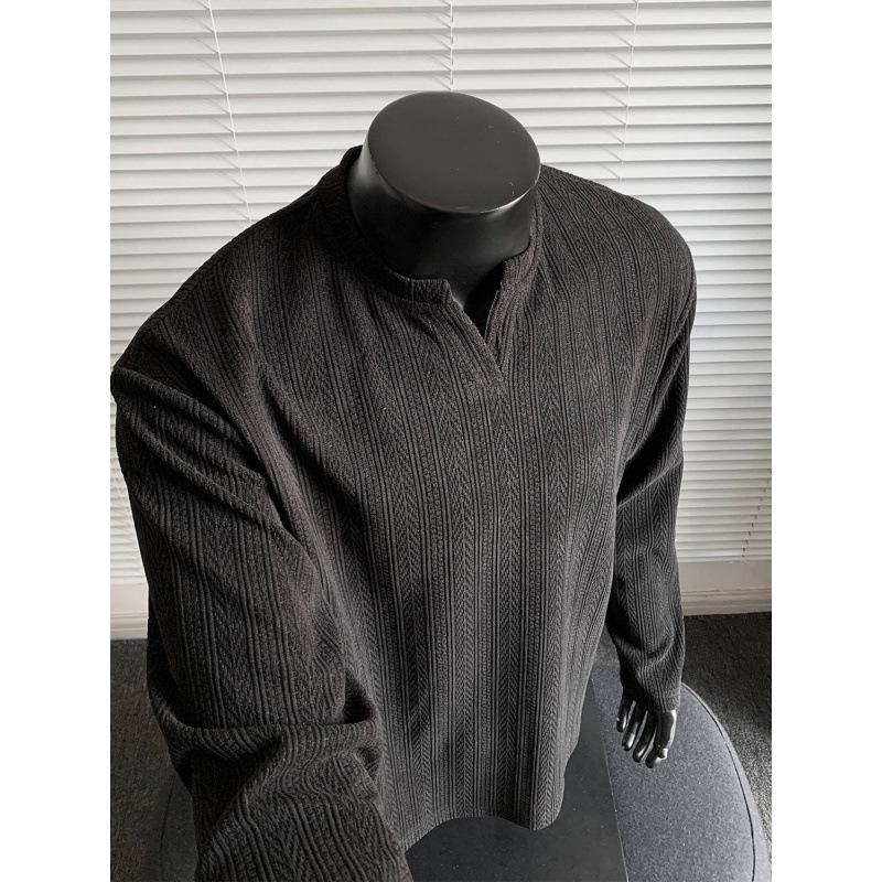 Men's American Trendy V-Neck Jacquard Sweatshirt: Loose Fit, Long-Sleeve, Casual High Street Style T-Shirt for Autumn.