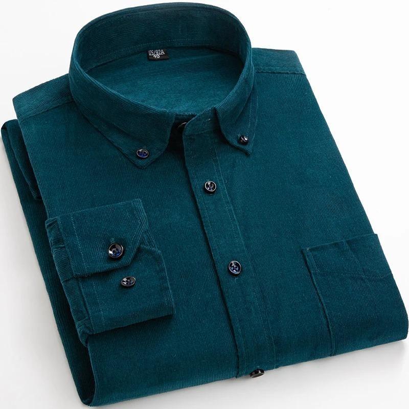 Cotton Corduroy Casual Warm Solid Shirt Long Sleeve Winter Regular Fit Mens Men's Shirts with Pokets