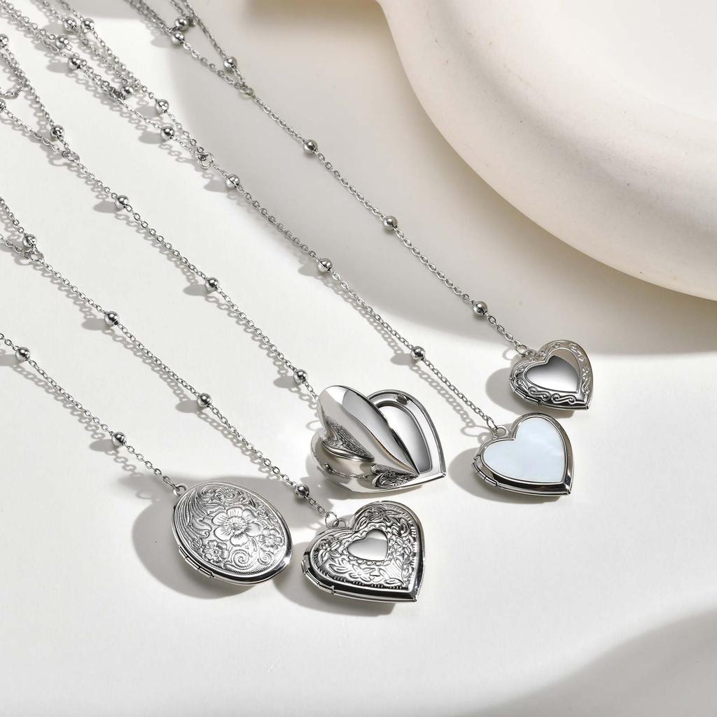 Classic Heart Locket Pendant Beaded Chain Necklace for Women Stainless Steel Family BFF Pendant Trendy Collar Jewelry Gifts