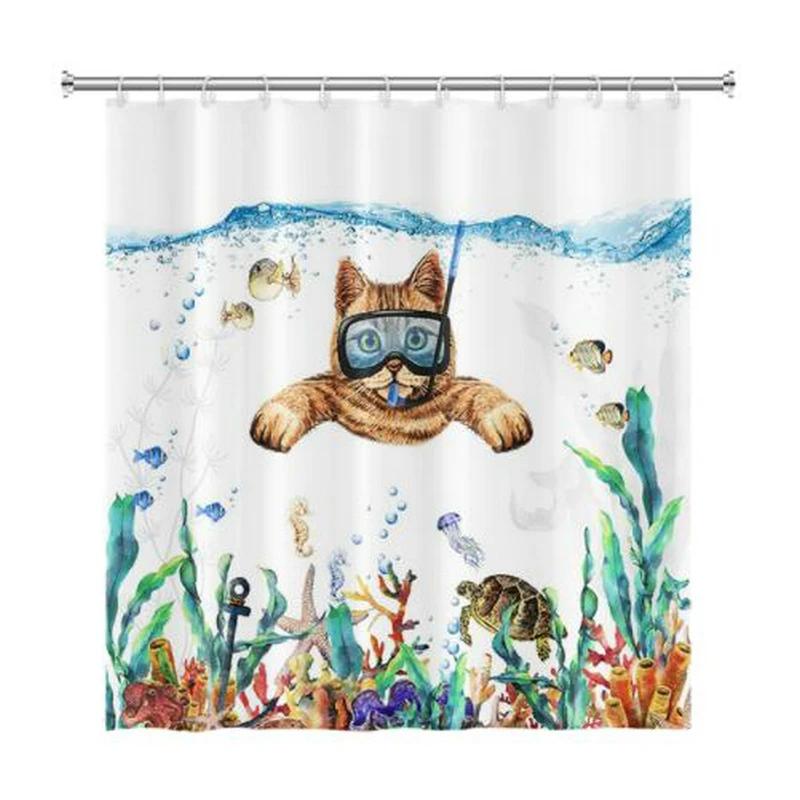 Funny Animal Shower Curtains Bath Courtain Decor Cute Cartoon Cat Dog Sea Turtle Fish 3d Kid Creative Bathroom Accessories Set