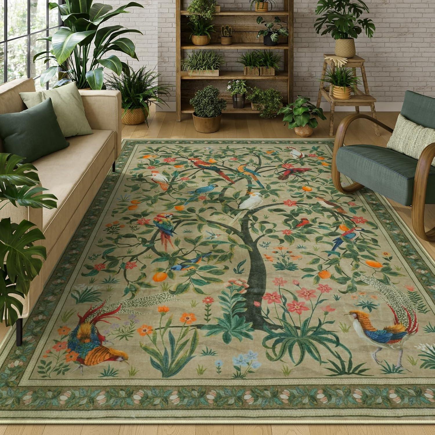 

Зеленый ковер для гостиной, коврик для пола у кровати в спальне, ковры большой площади, машинная стирка, ковер с лесными птицами, весна, домашний декор 50x80cm