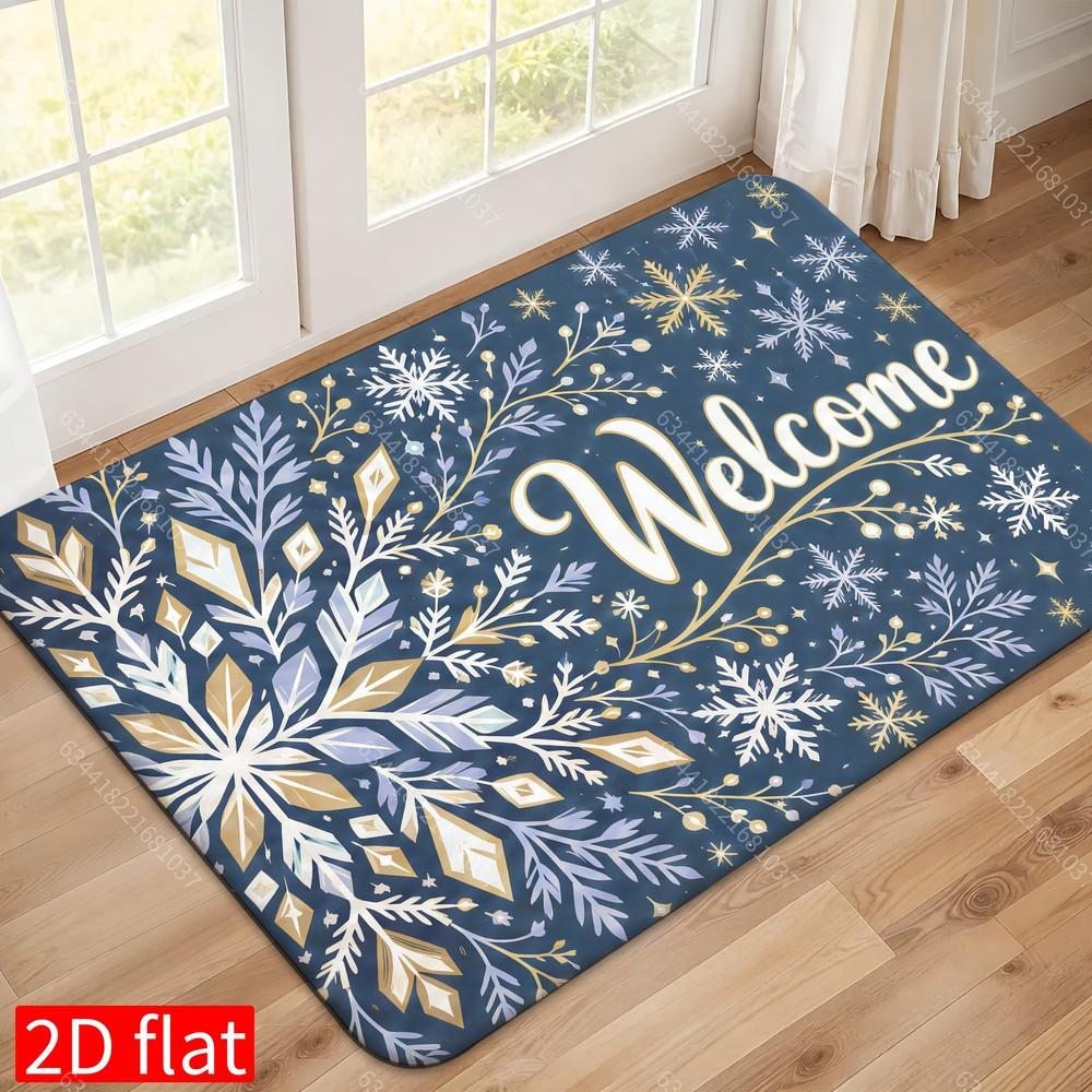 Stunning Elegant Blue Gold Snowflake Leaf Welcome Print Durable Washable Floor Mat For Cold Season Indoor Entryway Rug