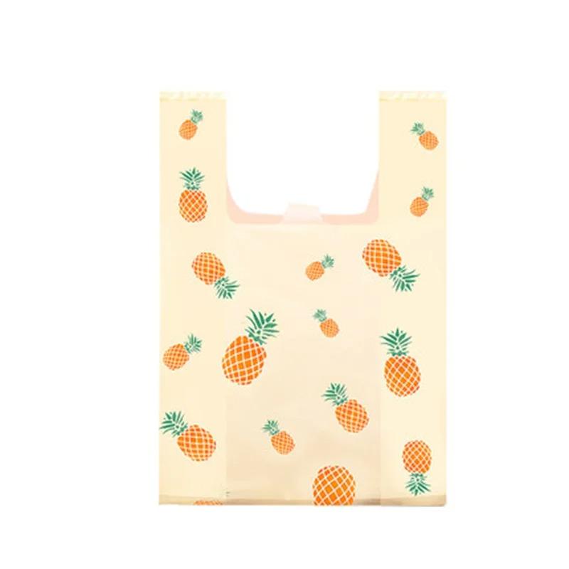 50pcs Disposable Peach Fruit Pattern Hand Bag Packaged Flower Takeaway Bags Snack Double Ear Plastic Vest Handle Shopping Pouch