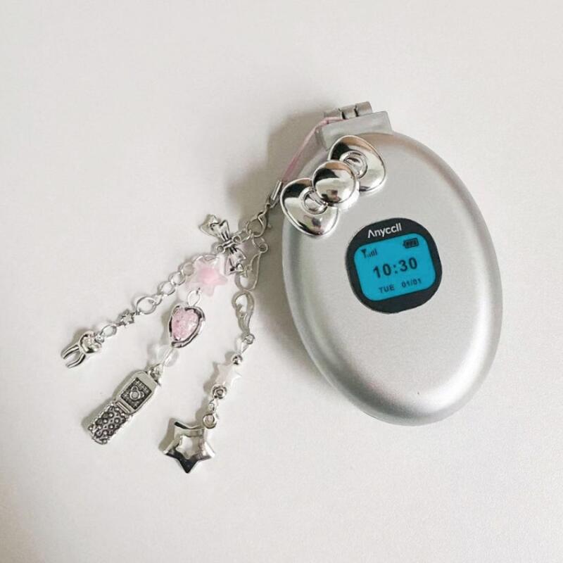 Y2K Retro Flip Phone Hand Mirror Hair Comb Keychain 2-piece set