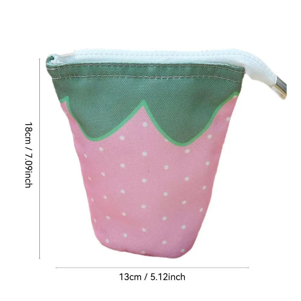 Cute Strawberry Pen Bag Foldable Large Capacity Pencil Holder Cylindrical Stand Up Cartoon Pencil Case Students Supplies