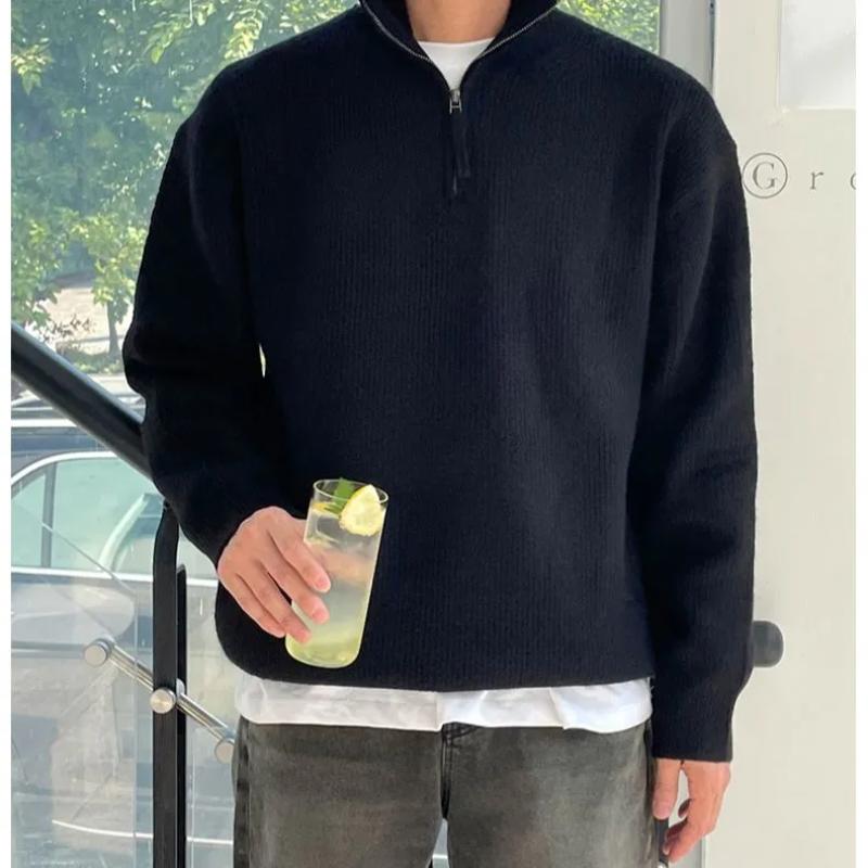 Korean Stand Collar Knitted Pullovers Autumn Winter Fashionable Zipper Men's Solid Color Casual Basic Loose Sweaters
