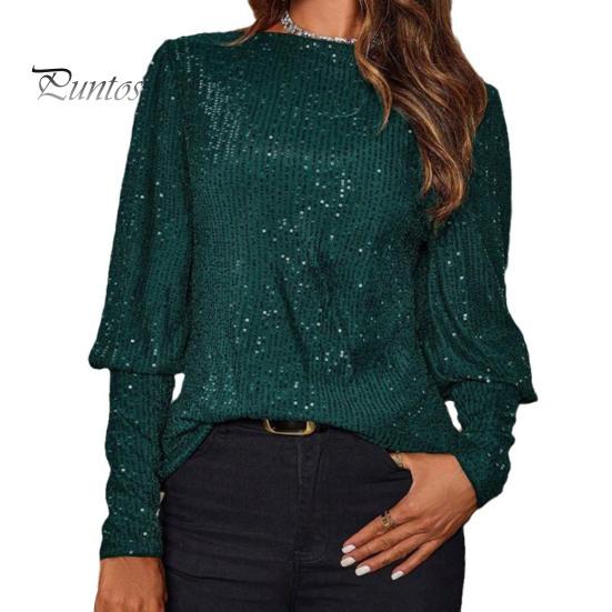 

Жіночі топи з круглим вирізом і ліхтариками, джемпери з довгими рукавами, вільні крої, блискучі паєтки, еластична повсякденна блузка S зелений
