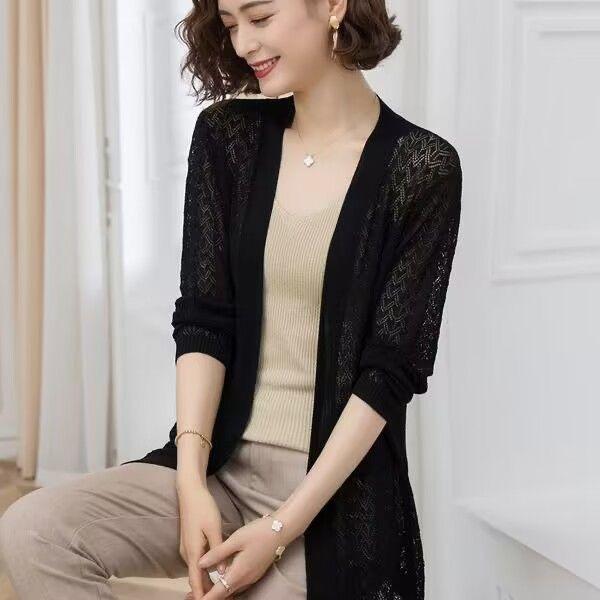 Summer Women's Knitted Jacket Solid Color Cutout Open Front Knitted Cardigan Thin Sunscreen Shawl