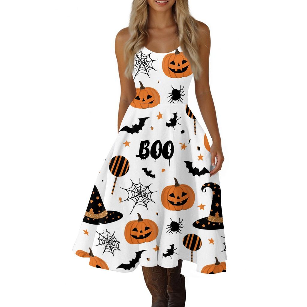 Womens Halloween Print Off Shoulder Dress Vintage Punk Party Dress Flared Skirt Sleeveless A Line Dress