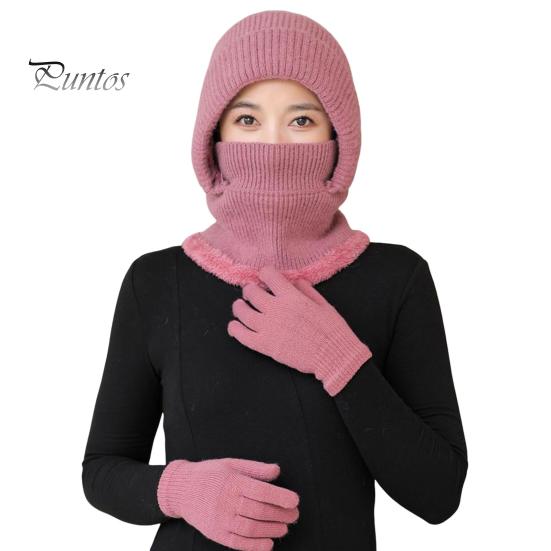 

2 шт./компл. женский комплект из шапки и перчаток, однотонная плюшевая подкладка, вязаная шапка-бини с защитой лица, головной убор, комплект из перчаток для вязания Sets розовый/фиолетовый