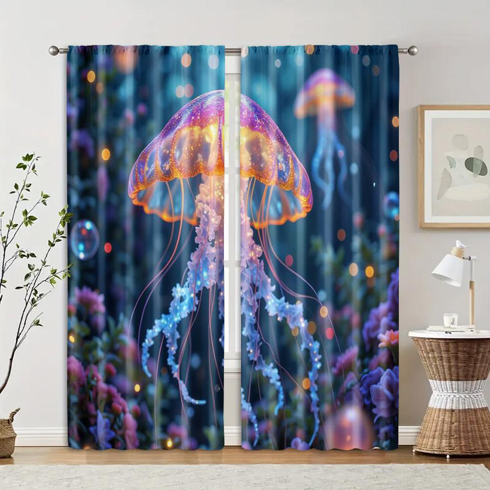 

2 pcs, filtering curtains (excluding rods, non-movable, without batteries) A cute jellyfish surroundedbackgroundsuitable for use 29x65in(75x166cm)