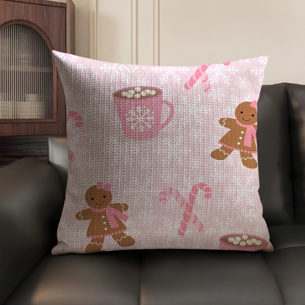 Christmas Pink Gingerbread Cushion Cover Natural Linen Organic Fabric Double-Sided Printing Sofa Home Decor Gift Pillow Case