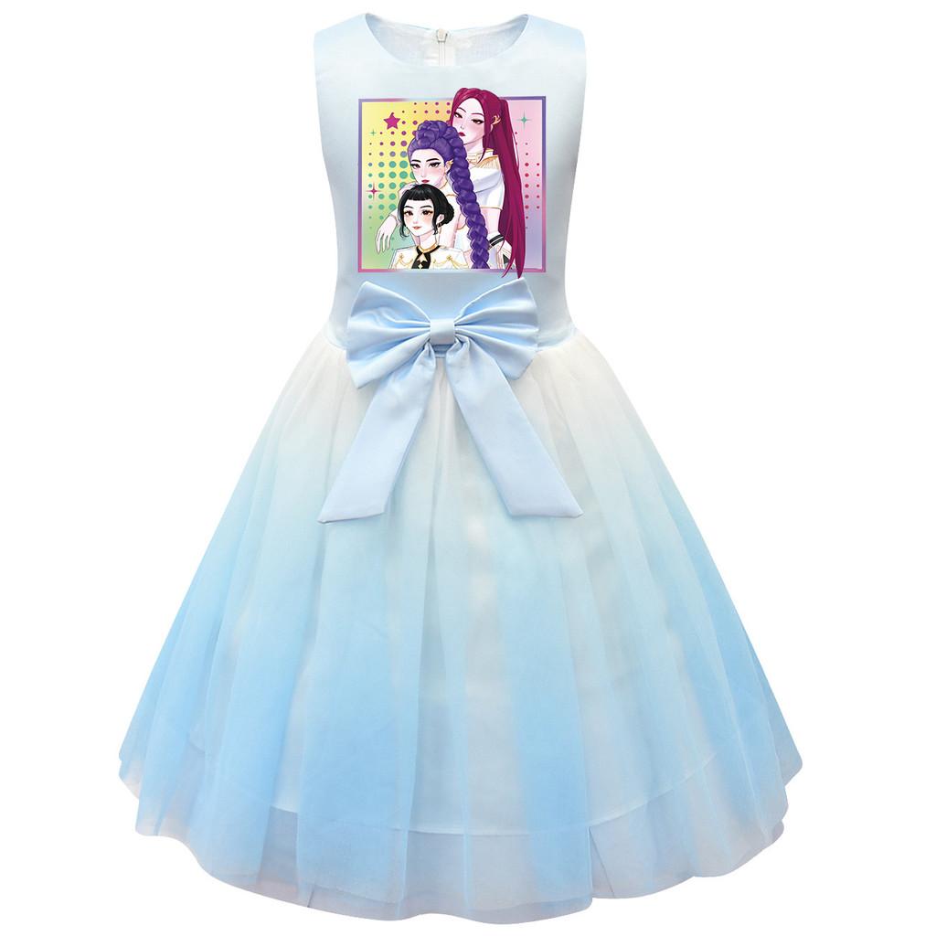 Kinder Mädchen Prinzessin K-POP Rumi Zoey Mira Print Schleife Ärmellos Mesh Tutu Kleid