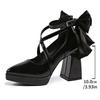 Fashion Vintage Black Chunky Heel Mary Jane Shoes Women Pointed Toe Platform High Heel Pumps Woman Satin Bowknot Ankle Strap Dress Shoes