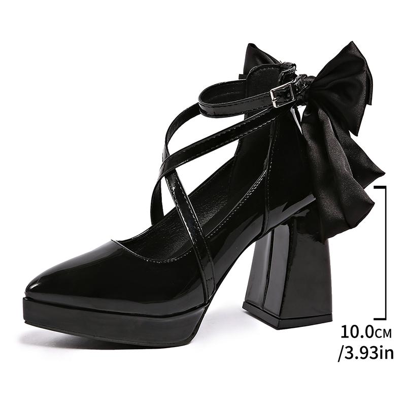 Fashion Vintage Black Chunky Heel Mary Jane Shoes Women Pointed Toe Platform High Heel Pumps Woman Satin Bowknot Ankle Strap Dress Shoes