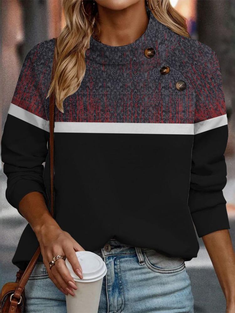 Lässiges Stehkragen Langarm Regular Fit Digitaldruck Damen Oberteil Sweatshirt Trendiges Design Bequeme Alltagskleidung für Damen